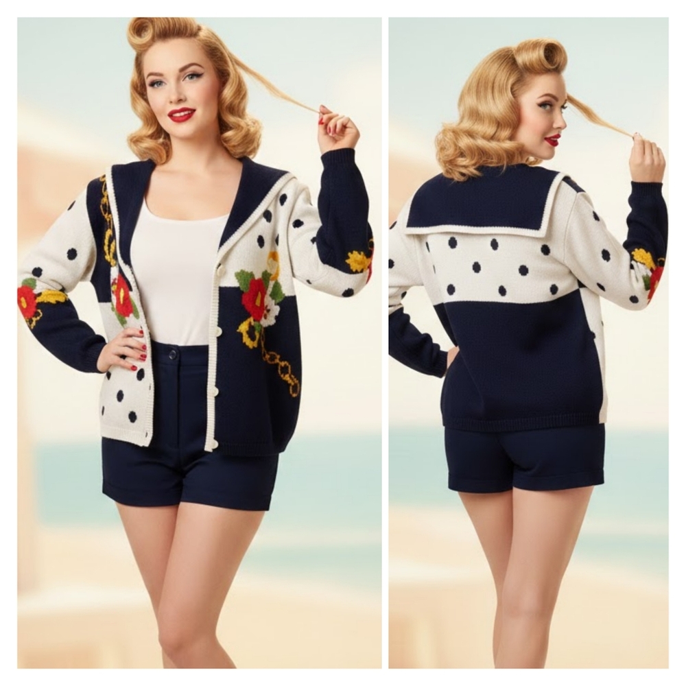 Vintage Polka Dot Nautical Inspired Cardigan Size L